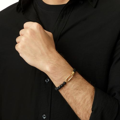 Pulseira em ouro amarelo com ágatas negras e cordão de couro