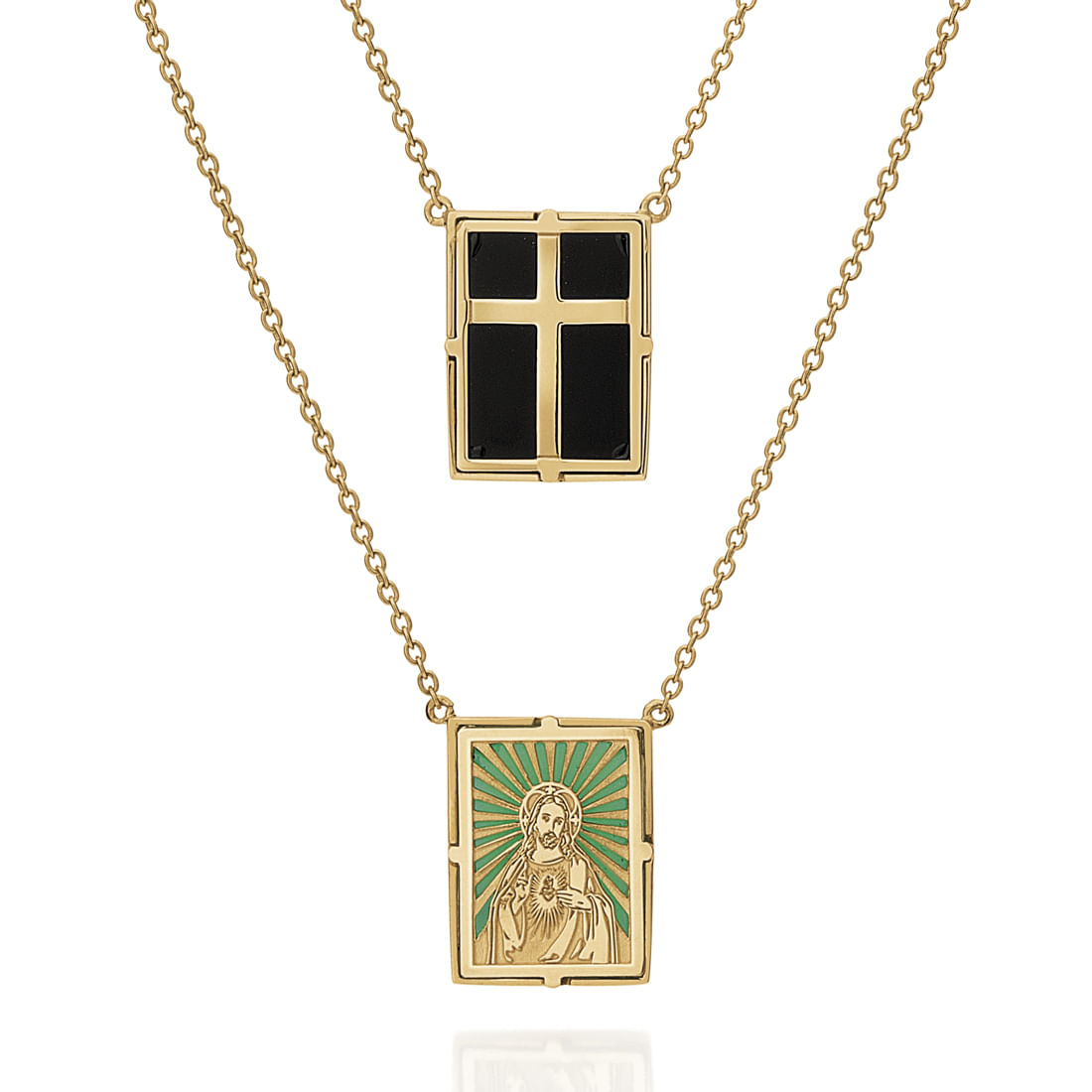 Colar-escapulario-em-ouro-amarelo-com-agata-verde-e-cristal-negro