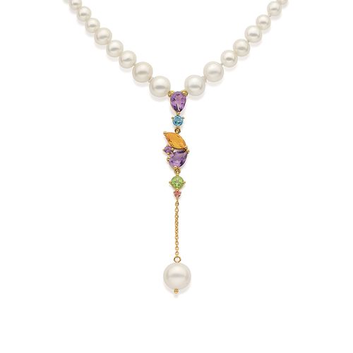 Colar em ouro amarelo com pedras peridoto, ametistas, citrino, topázio azul, turmalina rosa e pérolas