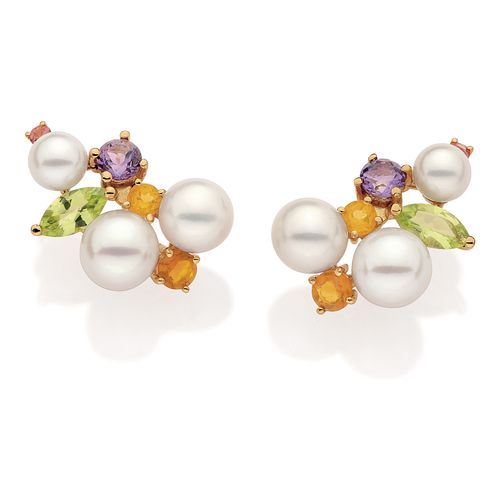 Brincos de pérolas de ouro amarelo com citrinos, peridotos, ametistas, turmalinas rosas
