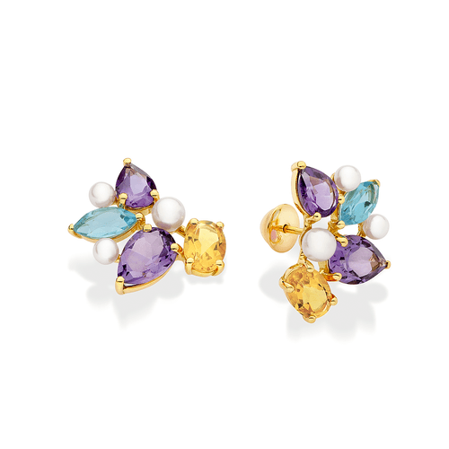 Brinco em ouro amarelo com ametistas, citrinos, topázios swiss azuis e pérolas