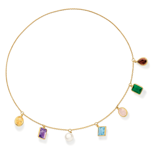 Colar em ouro amarelo com citrino, ametista, topázio swiss azul, quartzo rosa, ágata verde, granada e pérola