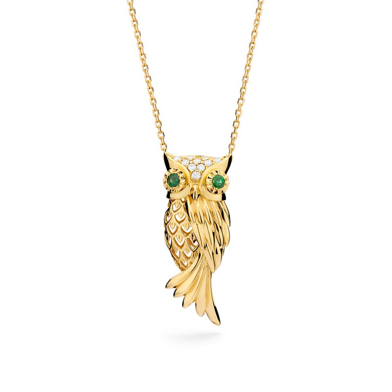 Pingente-Coruja-em-ouro-amarelo-com-diamantes-brancos-e-esmeraldas