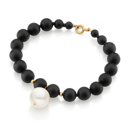 Pulseira em ouro amarelo com ágatas negras e pérola