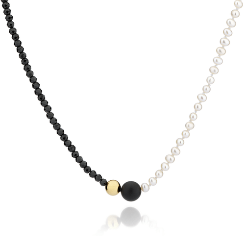Colar em ouro amarelo com pérolas, ônix e espinélios
