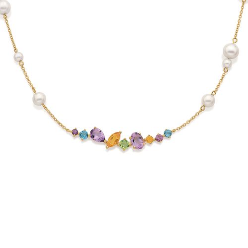 Colar em ouro amarelo com ametistas, topázios azuis, peridoto, citrinos e pérolas