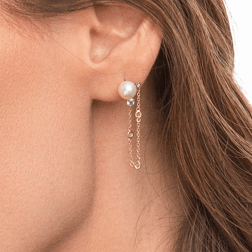 Brinco de pérola, diamantes, topázio swiss e corrente de ouro