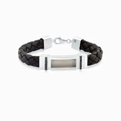Pulseira em prata e couro com diamantes e cristal