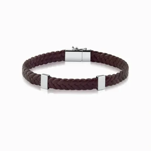 Pulseira couro trançado e ouro branco