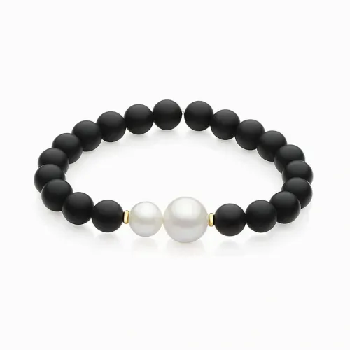 Pulseira de onix com pérola e bolinhas de ouro