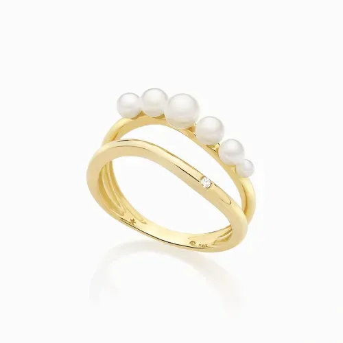 Anel em ouro amarelo com pérolas e diamantes