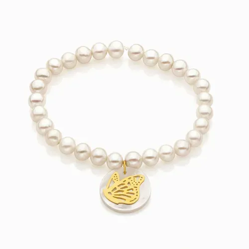 Pulseira de pérolas com madrepérola e borboleta em ouro