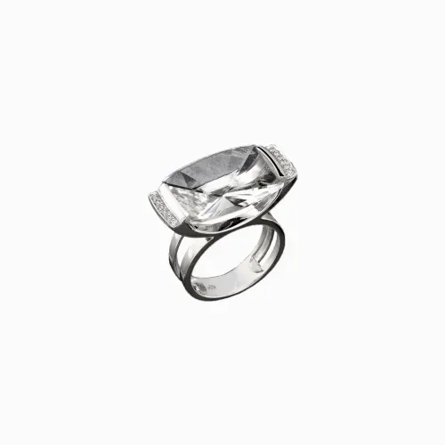 Anel de ouro branco com diamantes e cristal