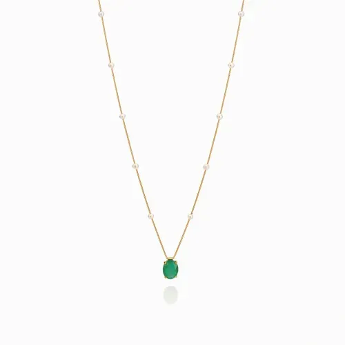 Colar em ouro amarelo, com pérolas e ágata verde