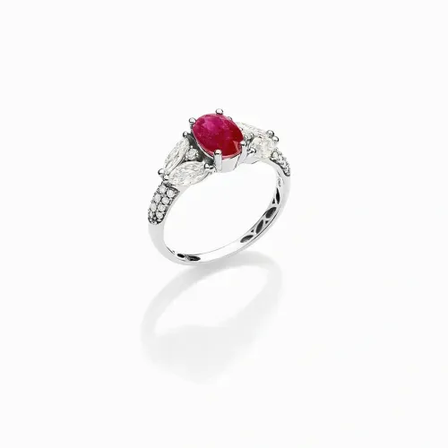 Anel em ouro branco com diamantes e rubi