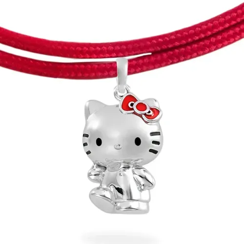 Pingente Hello Kitty em prata com colar magnético vermelho