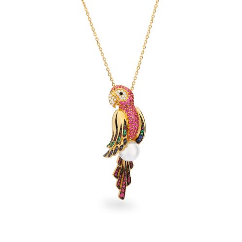 Pingente Arara Vermelha em ouro amarelo com safiras azuis, esmeraldas, rubis, diamante black, diamantes brancos e pérola South Sea